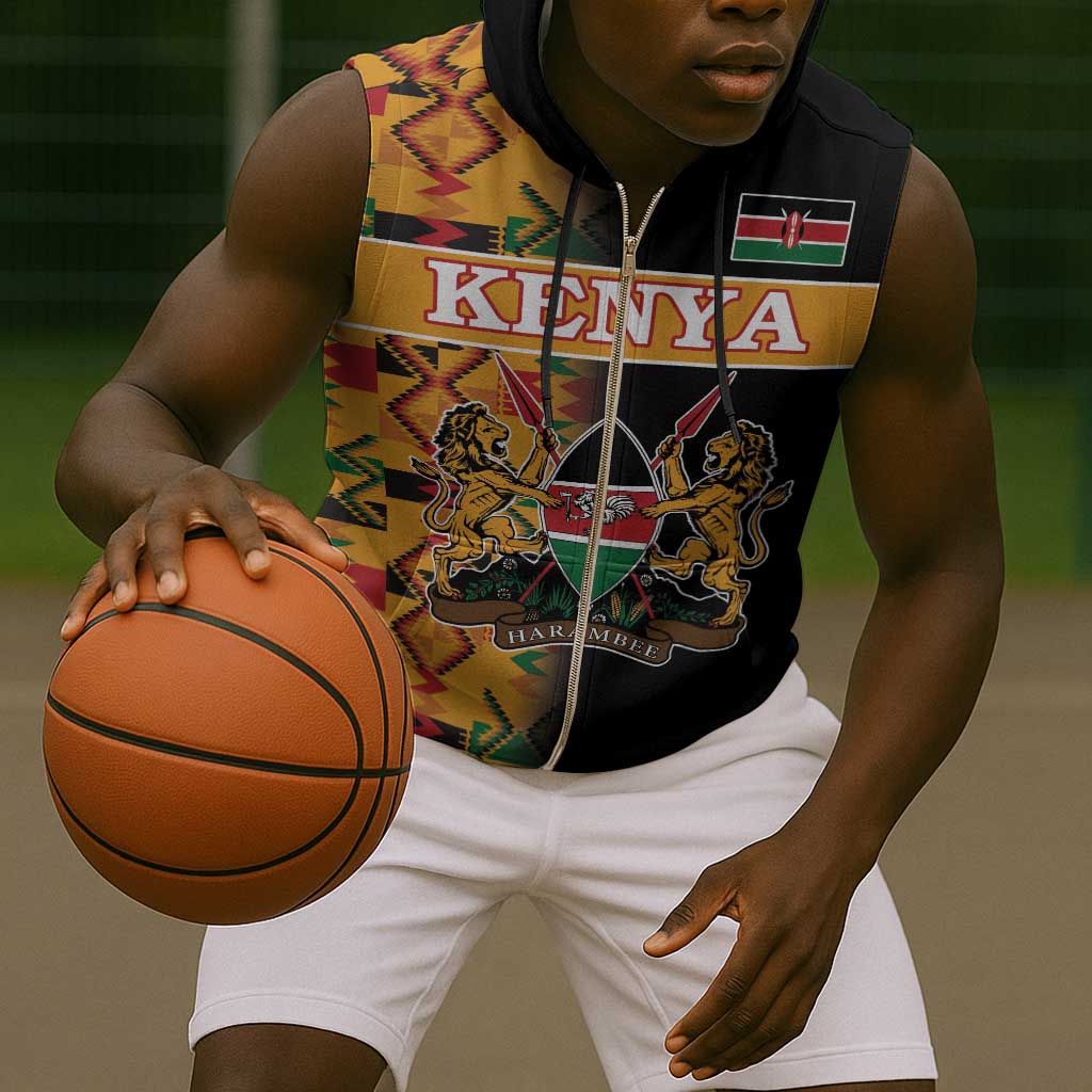 Custom Afro Kenya Coat Of Arms Sleeveless Zip Hoodie With Kente Patterns - African Pride
