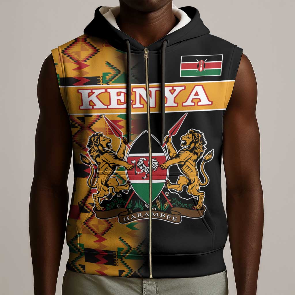 Custom Afro Kenya Coat Of Arms Sleeveless Zip Hoodie With Kente Patterns - African Pride