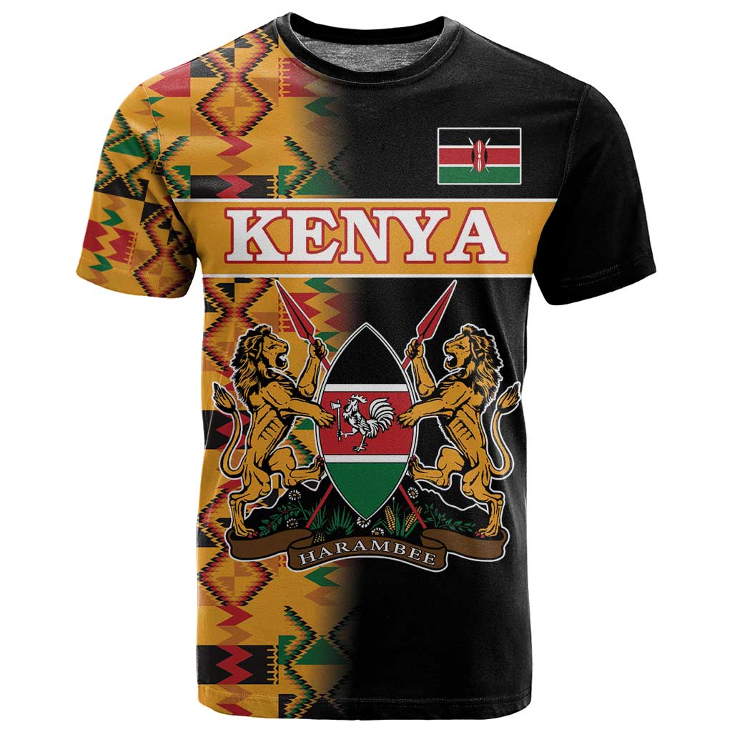 Custom Afro Kenya Coat Of Arms T shirt With Kente Patterns