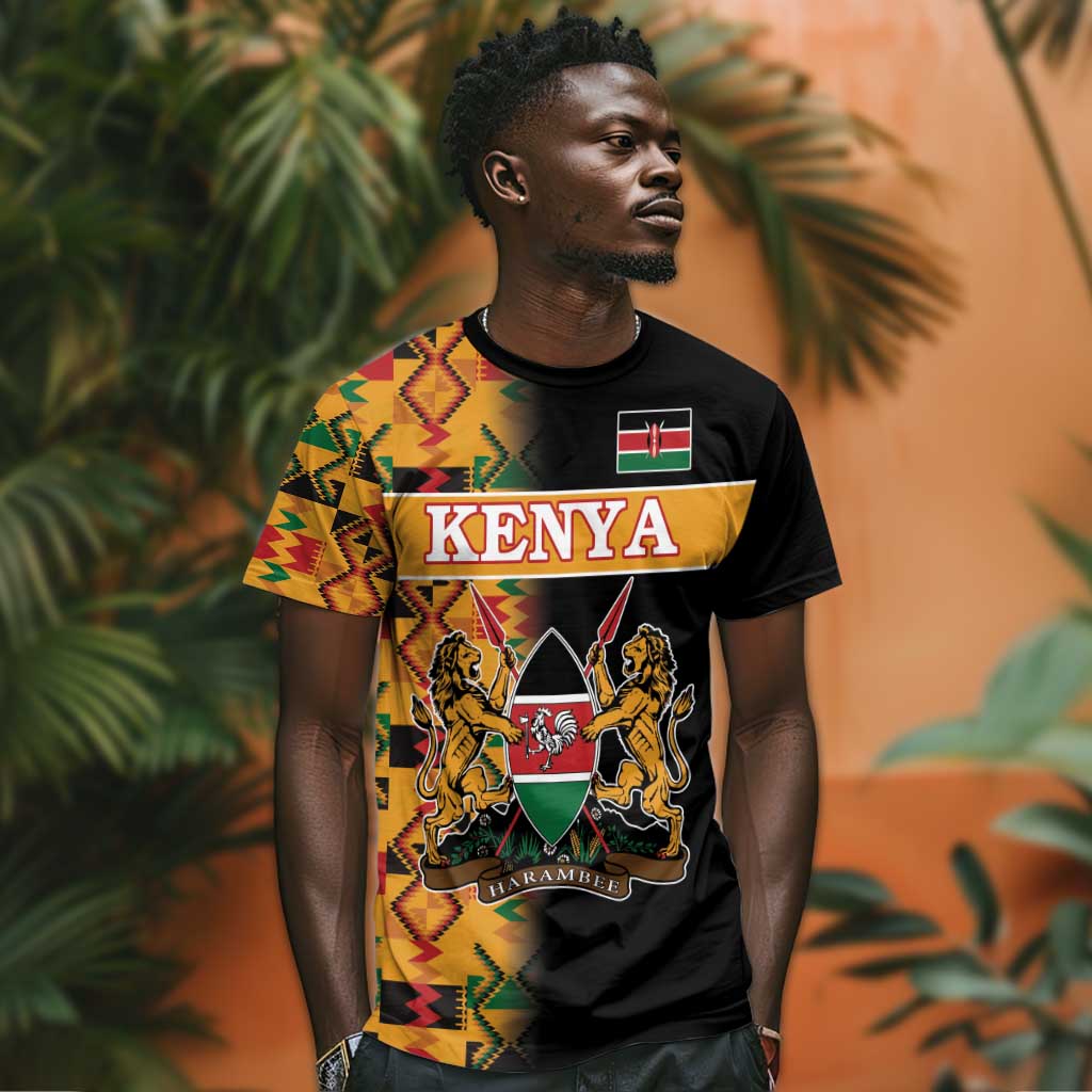 Custom Afro Kenya Coat Of Arms T shirt With Kente Patterns