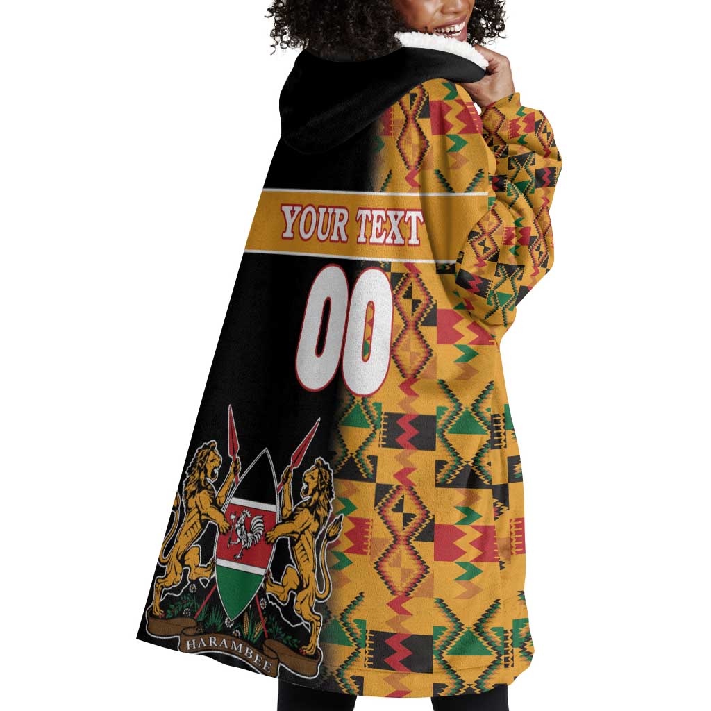 Custom Afro Kenya Coat Of Arms Wearable Blanket Hoodie With Kente Patterns