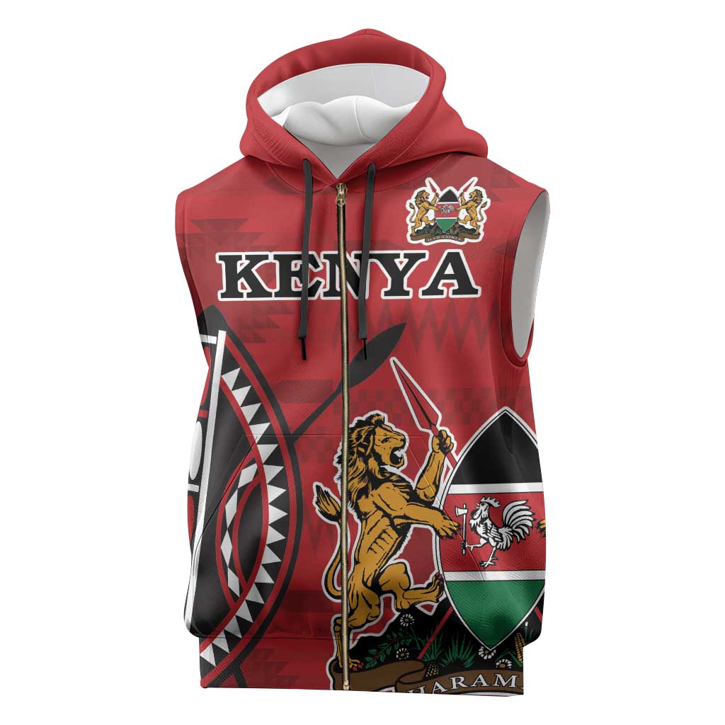 Personalized Afro Kenya Coat Of Arms Sleeveless Zip Hoodie Ethnic Seamless Pattern - African Pride