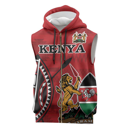 Personalized Afro Kenya Coat Of Arms Sleeveless Zip Hoodie Ethnic Seamless Pattern - African Pride