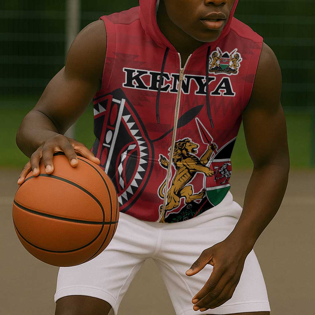 Personalized Afro Kenya Coat Of Arms Sleeveless Zip Hoodie Ethnic Seamless Pattern - African Pride