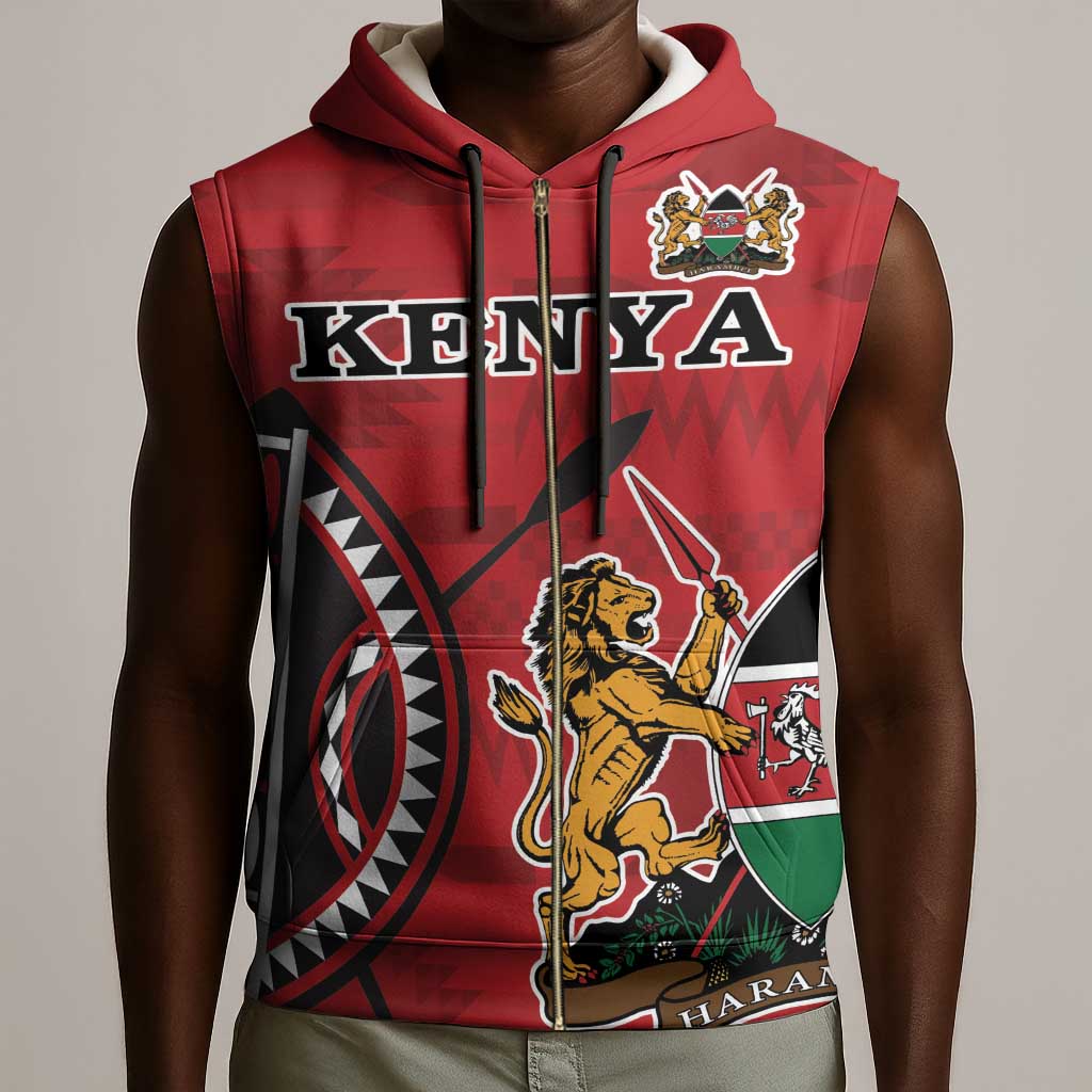 Personalized Afro Kenya Coat Of Arms Sleeveless Zip Hoodie Ethnic Seamless Pattern - African Pride
