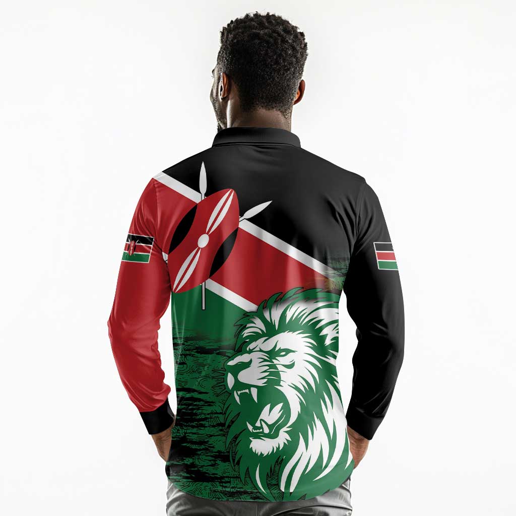 Afro Kenya Lion Head Long Sleeve Polo Shirt Flag Style