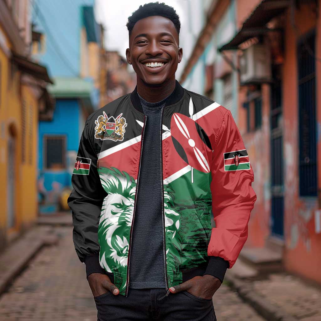 Afro Kenya Lion Head Sleeve Zip Bomber Jacket Flag Style