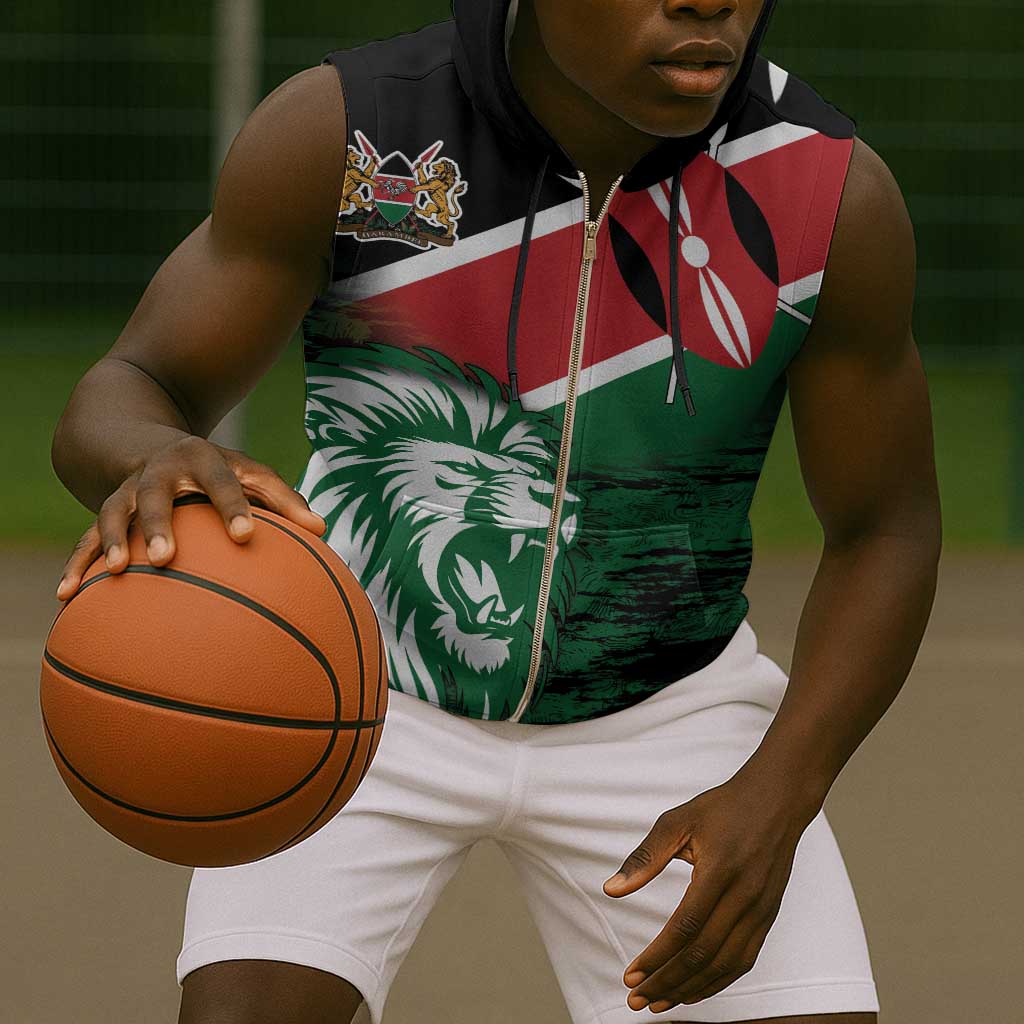 Afro Kenya Lion Head Sleeveless Zip Hoodie Flag Style - African Pride