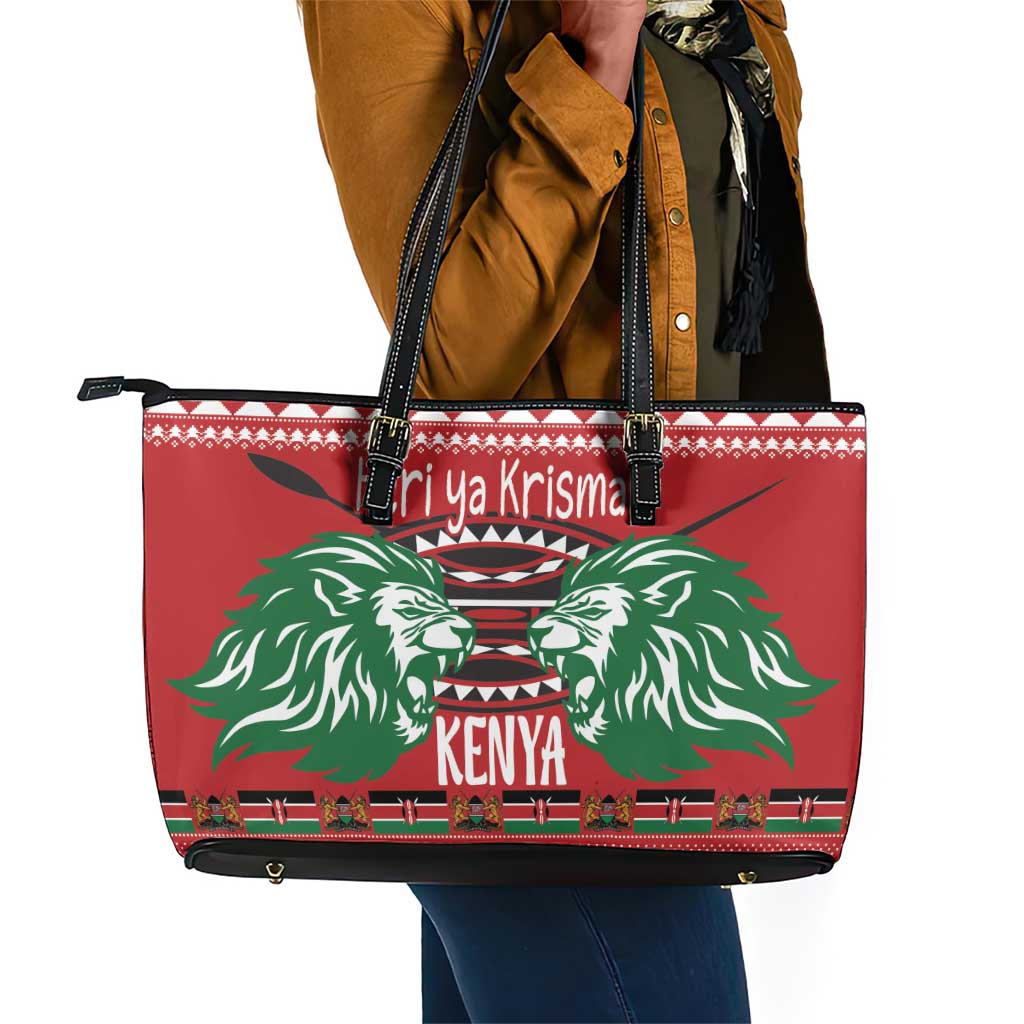 Afro Kenya Christmas Leather Tote Bag Head Lion - Heri ya Krismasi