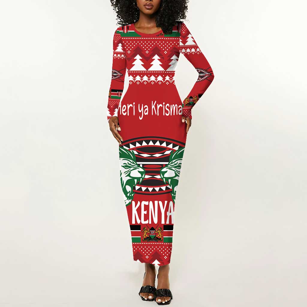Afro Kenya Christmas Long Sleeve Bodycon Dress Head Lion - Heri ya Krismasi LT18
