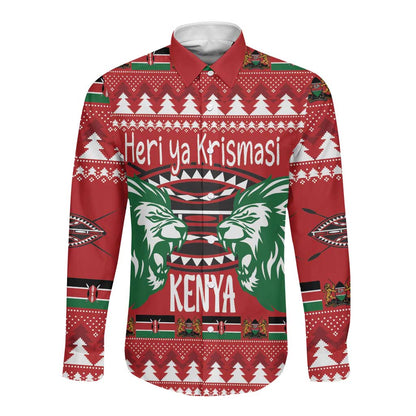 Afro Kenya Christmas Long Sleeve Button Shirt Head Lion - Heri ya Krismasi