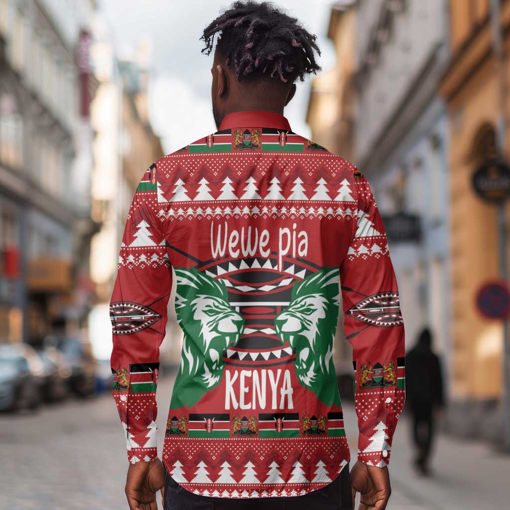 Afro Kenya Christmas Long Sleeve Button Shirt Head Lion - Heri ya Krismasi
