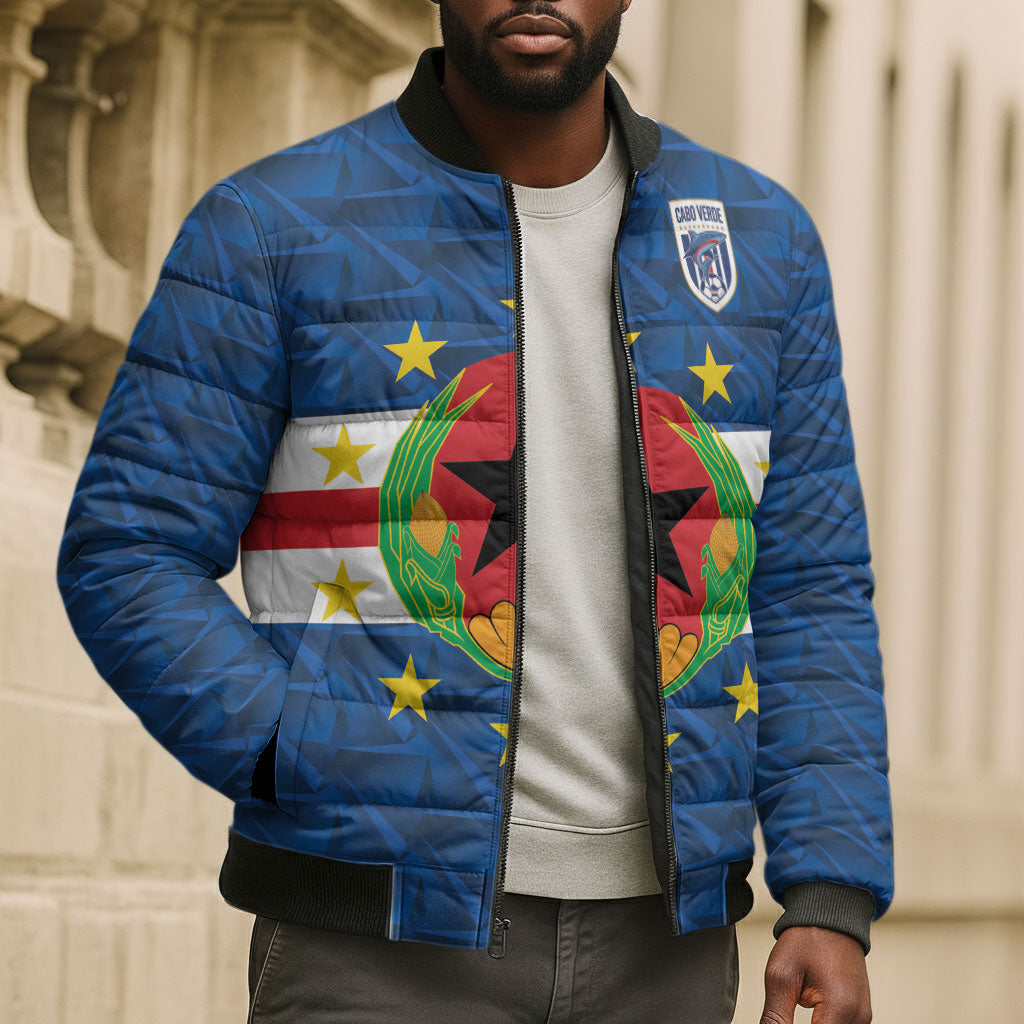 Cabo Verde Tubaroes Azuis Historic Debut 2026 Bomber Puffer Jacket Cape Verde Past and Present Flag Motif
