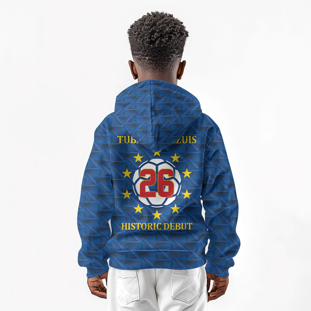 Cabo Verde Tubaroes Azuis Historic Debut 2026 Kid Hoodie Cape Verde Past and Present Flag Motif