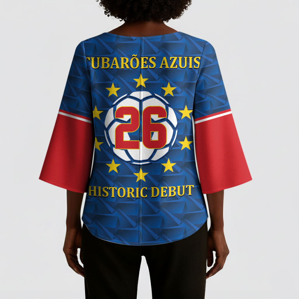 Cabo Verde Tubaroes Azuis Historic Debut 2026 Kimono Sleeve Blouse Cape Verde Past and Present Flag Motif