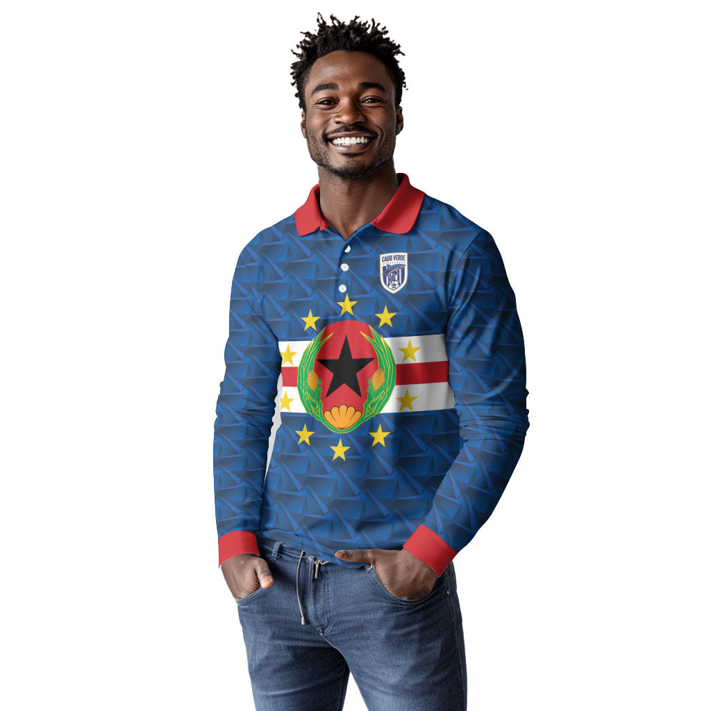 Cabo Verde Tubaroes Azuis Historic Debut 2026 Long Sleeve Polo Shirt Cape Verde Past and Present Flag Motif