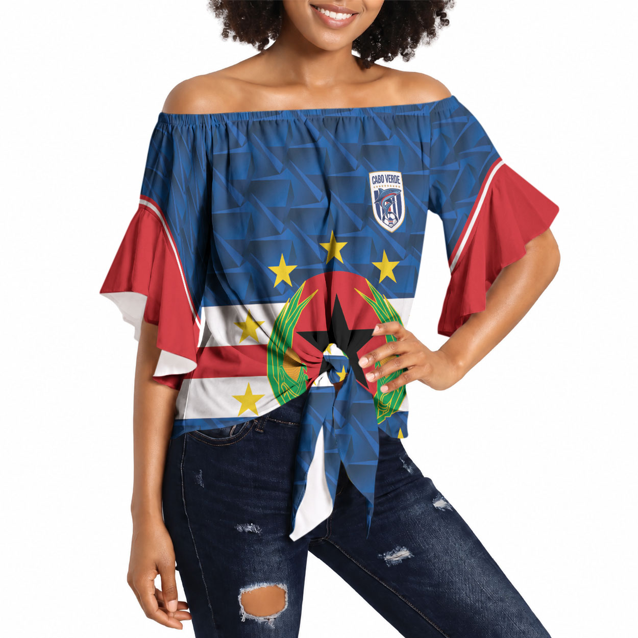 Cabo Verde Tubaroes Azuis Historic Debut 2026 Off Shoulder Wrap Waist Top Cape Verde Past and Present Flag Motif