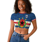 Cabo Verde Tubaroes Azuis Historic Debut 2026 Raglan Cropped T shirt Cape Verde Past and Present Flag Motif