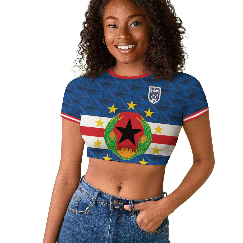 Cabo Verde Tubaroes Azuis Historic Debut 2026 Raglan Cropped T shirt Cape Verde Past and Present Flag Motif