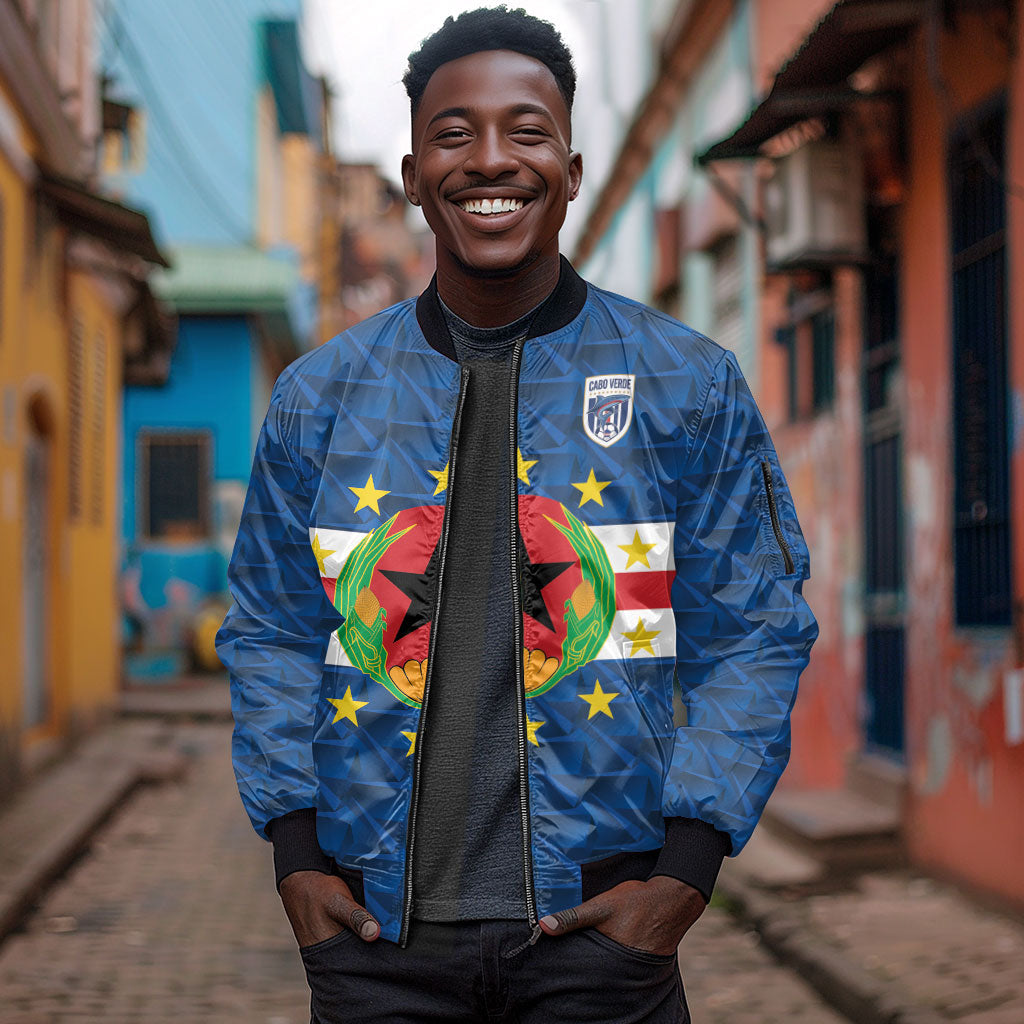 Cabo Verde Tubaroes Azuis Historic Debut 2026 Sleeve Zip Bomber Jacket Cape Verde Past and Present Flag Motif