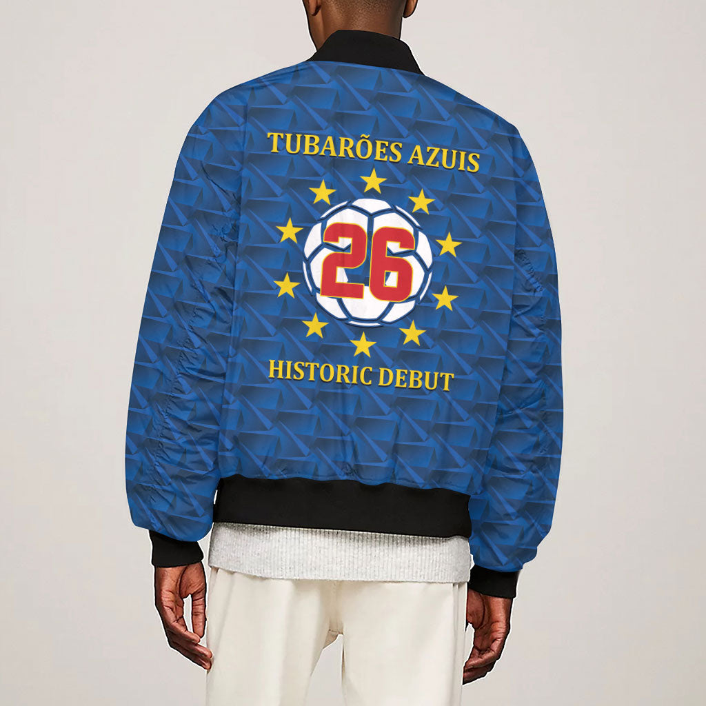 Cabo Verde Tubaroes Azuis Historic Debut 2026 Sleeve Zip Bomber Jacket Cape Verde Past and Present Flag Motif