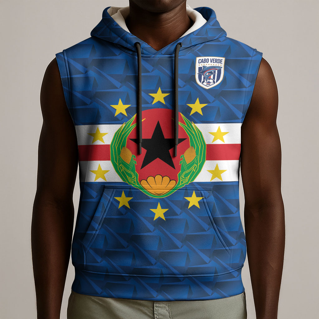 Cabo Verde Tubaroes Azuis Historic Debut 2026 Sleeveless Hoodie Cape Verde Past and Present Flag Motif