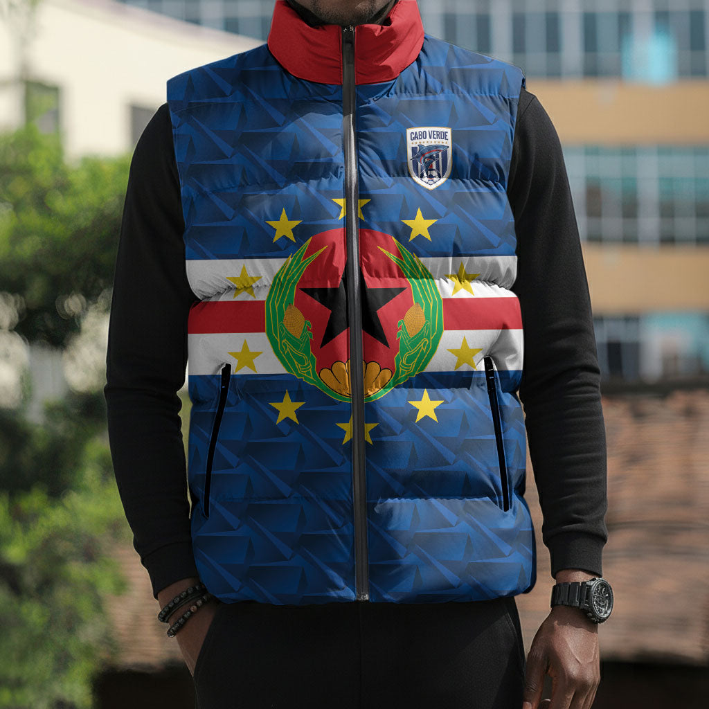 Cabo Verde Tubaroes Azuis Historic Debut 2026 Sleeveless Puffer Jacket Cape Verde Past and Present Flag Motif