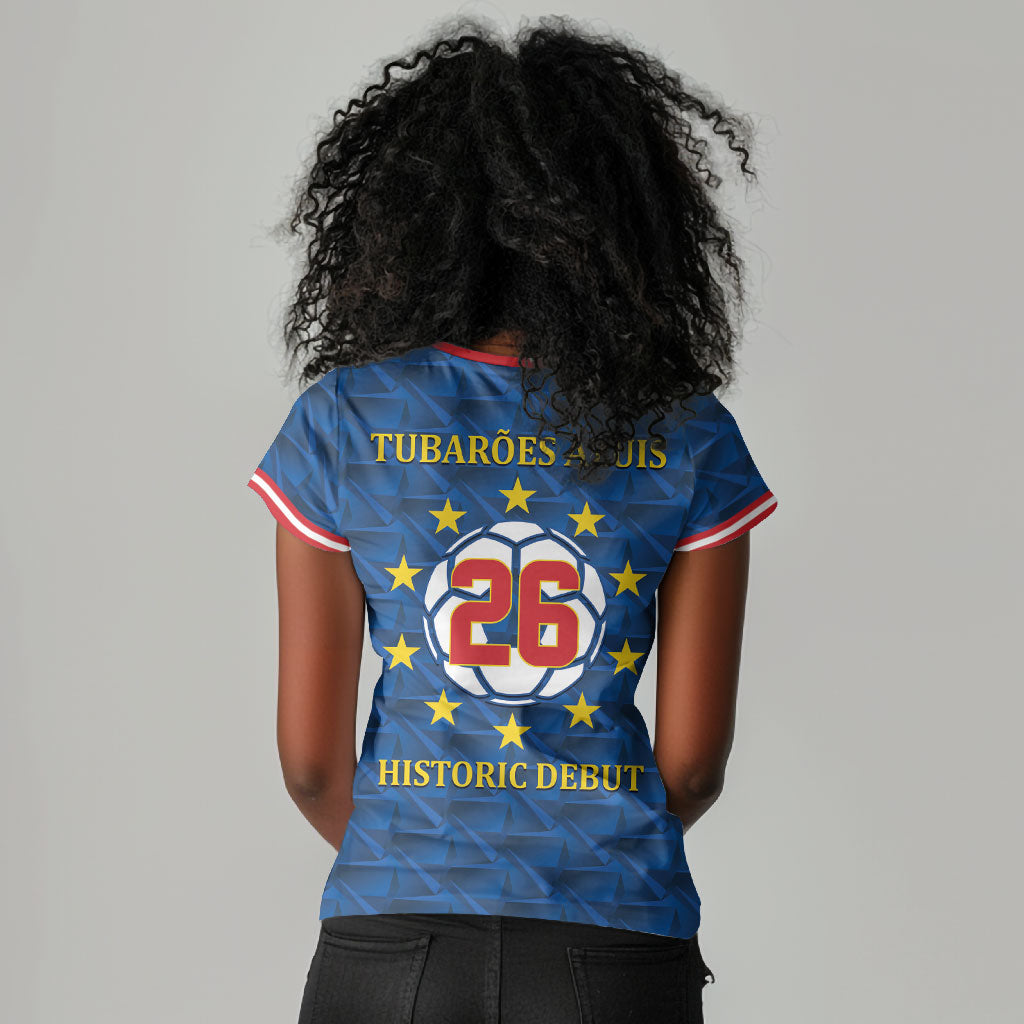 Cabo Verde Tubaroes Azuis Historic Debut 2026 Women V-Neck T-Shirt Cape Verde Past and Present Flag Motif