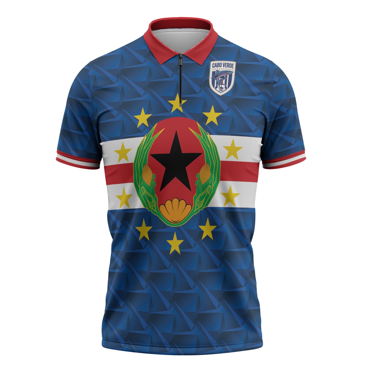 Cabo Verde Tubaroes Azuis Historic Debut 2026 Zipper Polo Shirt Cape Verde Past and Present Flag Motif