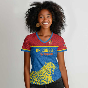 Custom World Football 2026 DR Congo Women V-Neck T-Shirt Roar of Les Leopards