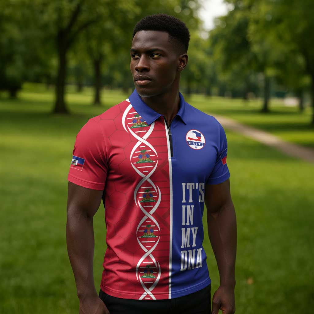 Custom Afro-Haiti Football Zipper Polo Shirt It's In My DNA - African Pride