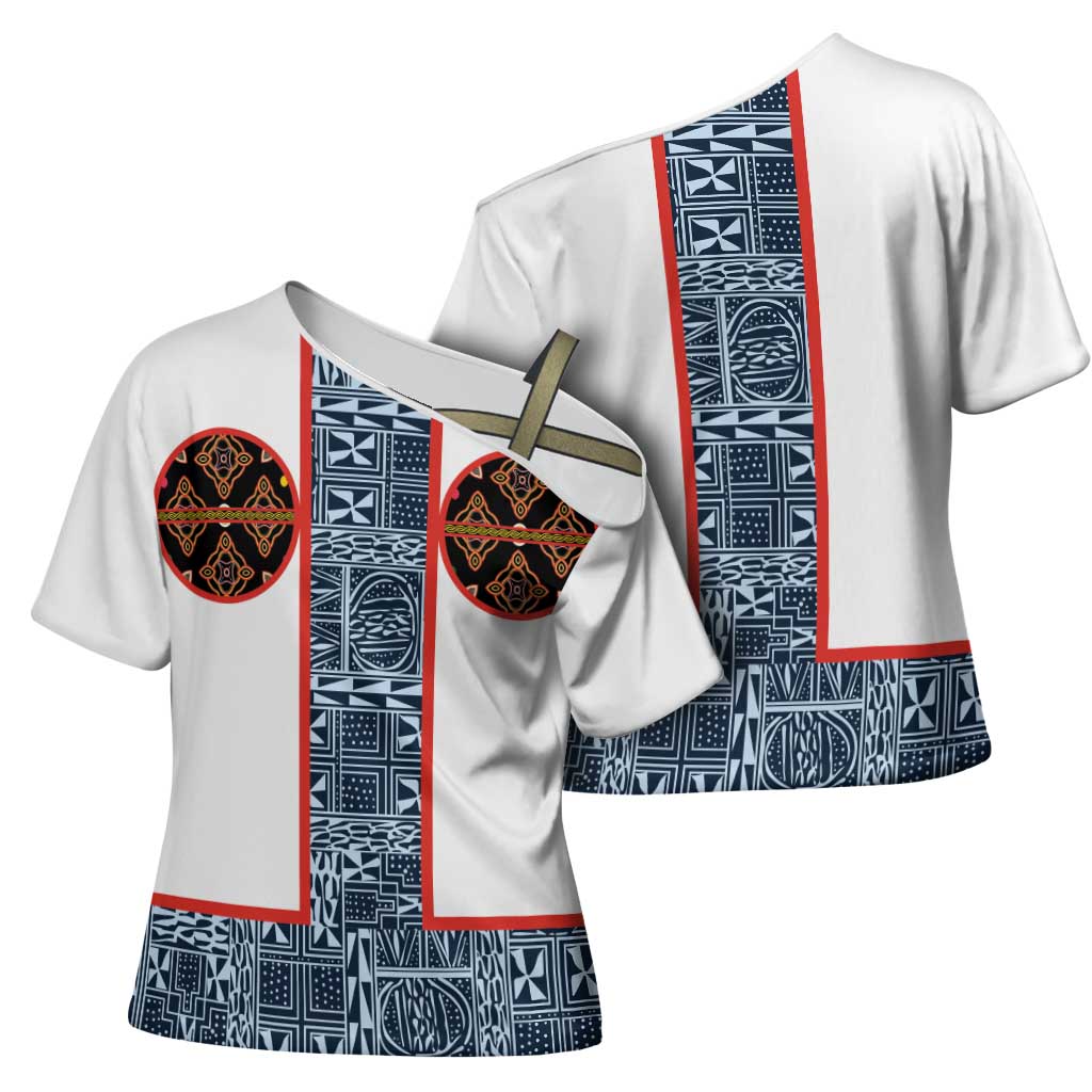 Cameroon Traditional Toghu Pattern Cross Shoulder Shirt African Tribal Ndop Geometric Design