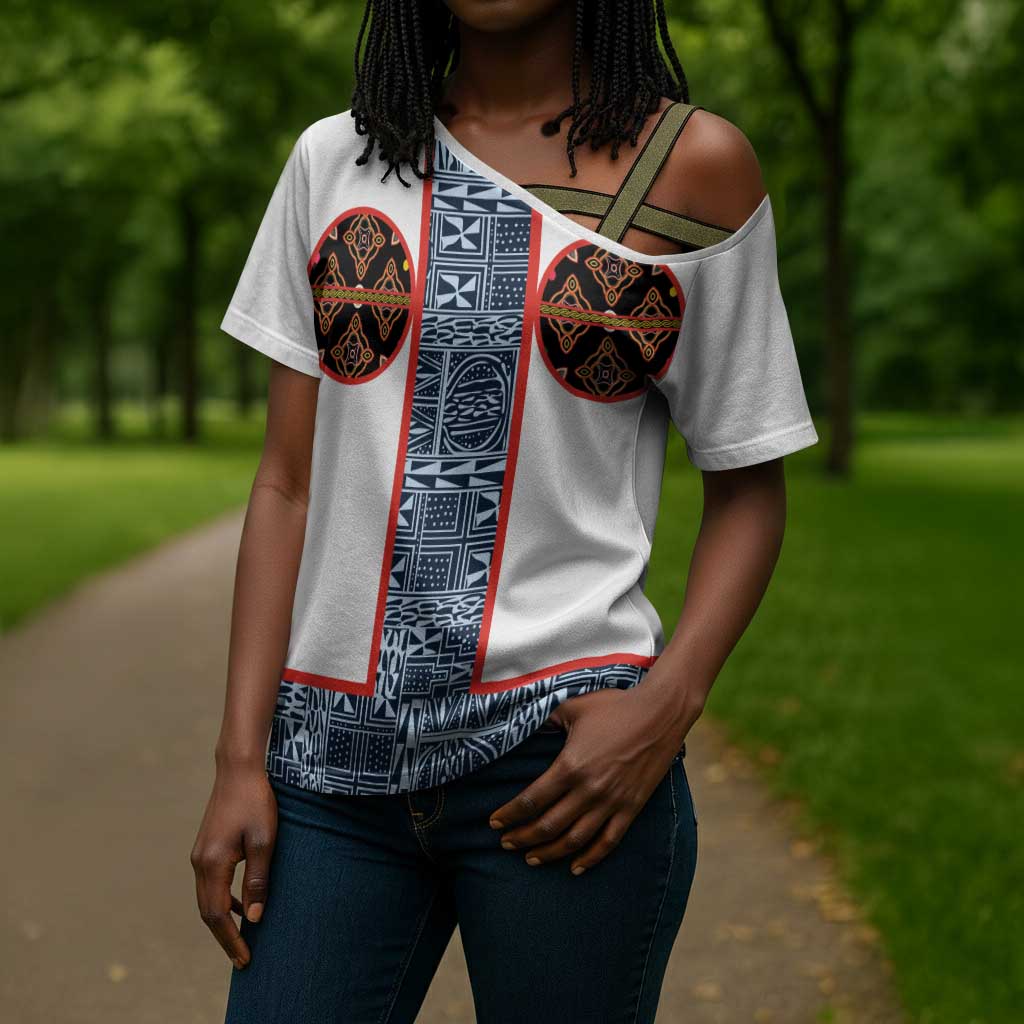 Cameroon Traditional Toghu Pattern Cross Shoulder Shirt African Tribal Ndop Geometric Design