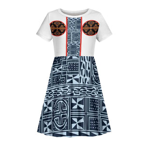 Cameroon Traditional Toghu Pattern Kid Short Sleeve Dress African Tribal Ndop Geometric Design