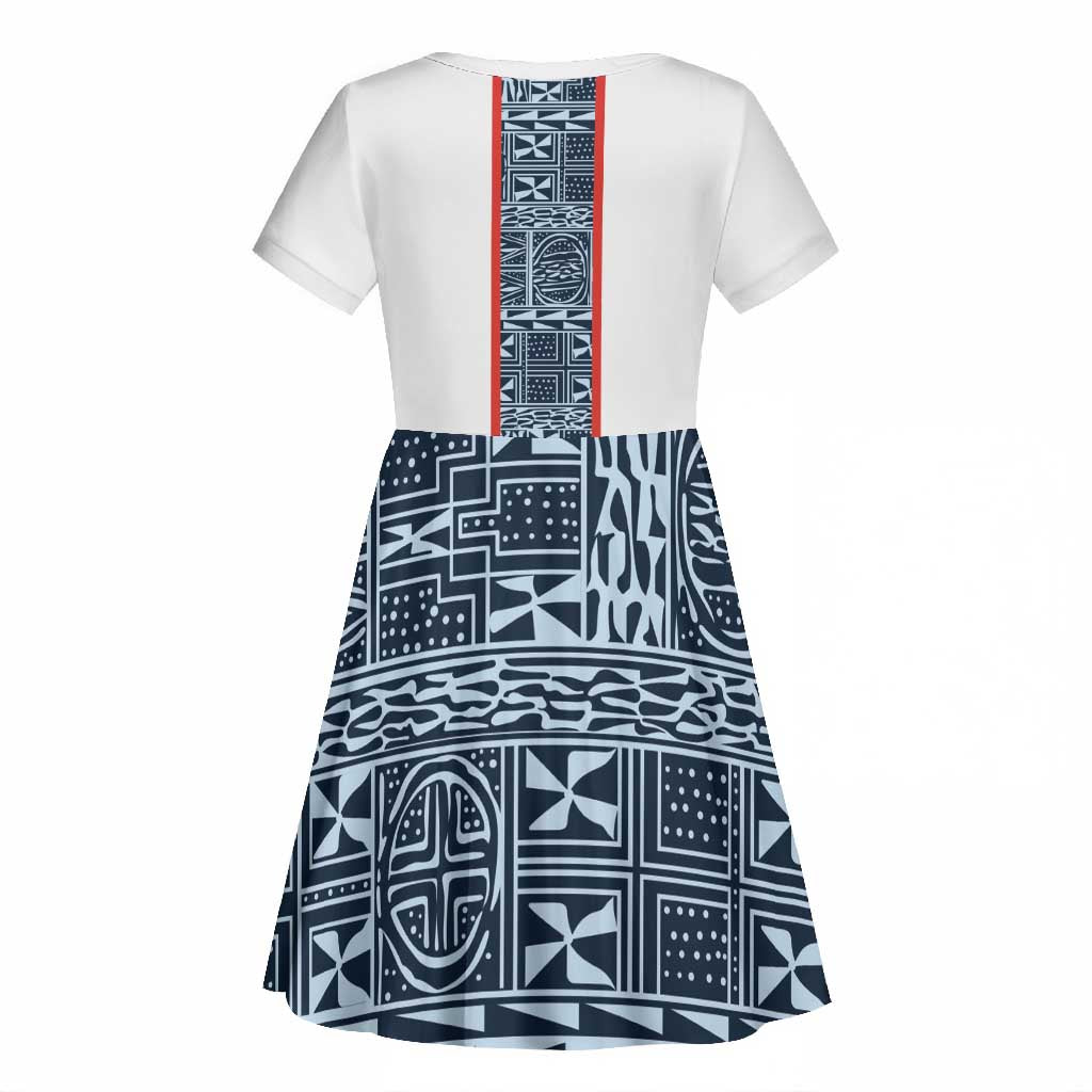 Cameroon Traditional Toghu Pattern Kid Short Sleeve Dress African Tribal Ndop Geometric Design