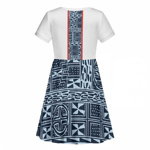 Cameroon Traditional Toghu Pattern Kid Short Sleeve Dress African Tribal Ndop Geometric Design