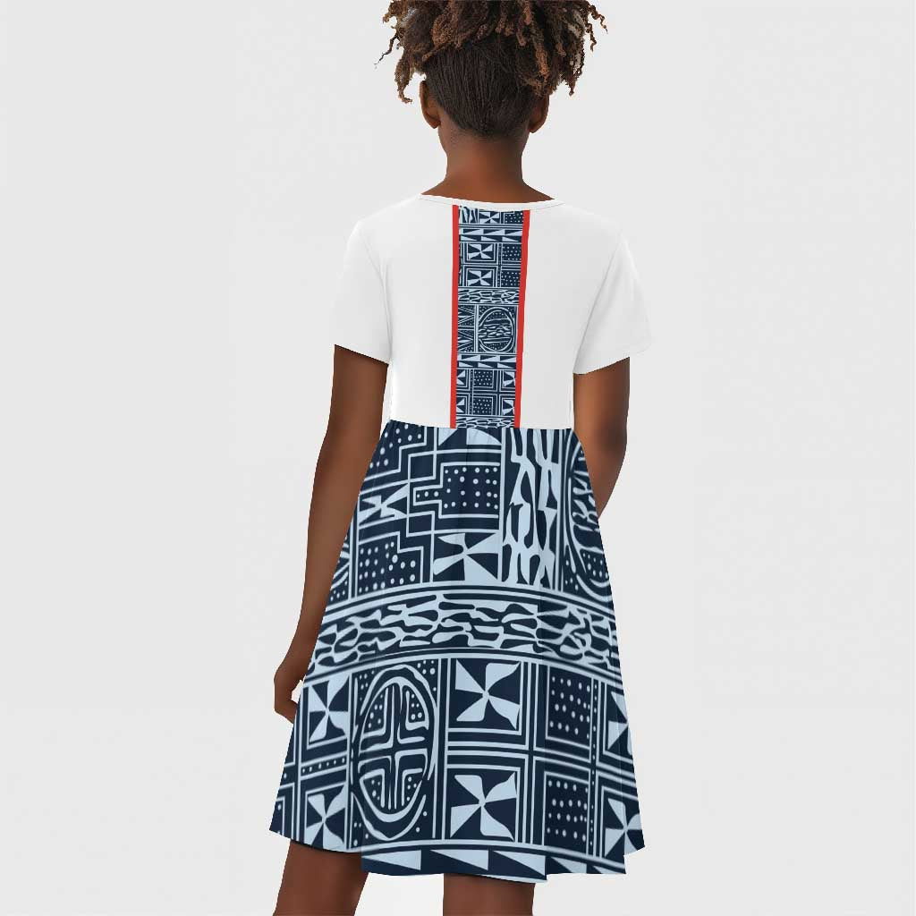 Cameroon Traditional Toghu Pattern Kid Short Sleeve Dress African Tribal Ndop Geometric Design