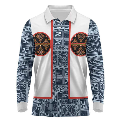 Cameroon Traditional Toghu Pattern Long Sleeve Polo Shirt African Tribal Ndop Geometric Design