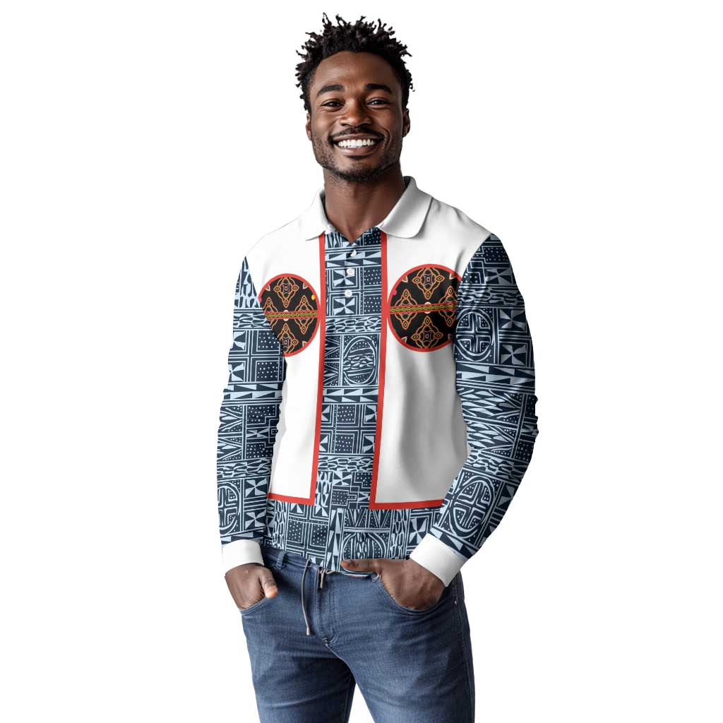 Cameroon Traditional Toghu Pattern Long Sleeve Polo Shirt African Tribal Ndop Geometric Design