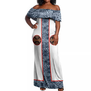 Cameroon Traditional Toghu Pattern Off Shoulder Maxi Dress African Tribal Ndop Geometric Design