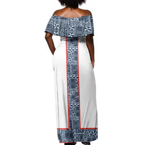 Cameroon Traditional Toghu Pattern Off Shoulder Maxi Dress African Tribal Ndop Geometric Design