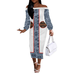 Cameroon Traditional Toghu Pattern Off The Shoulder Long Sleeve Dress African Tribal Ndop Geometric Design