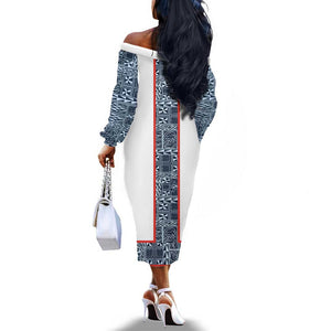 Cameroon Traditional Toghu Pattern Off The Shoulder Long Sleeve Dress African Tribal Ndop Geometric Design