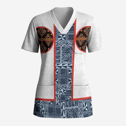 Cameroon Traditional Toghu Pattern Scrub Top African Tribal Ndop Geometric Design
