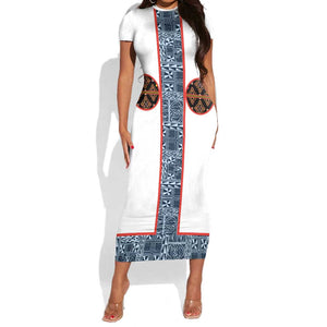 Cameroon Traditional Toghu Pattern Short Sleeve Bodycon Dress African Tribal Ndop Geometric Design