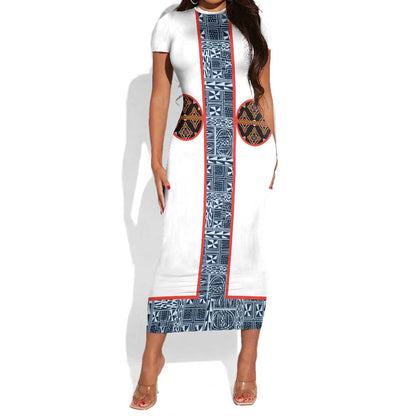 Cameroon Traditional Toghu Pattern Short Sleeve Bodycon Dress African Tribal Ndop Geometric Design