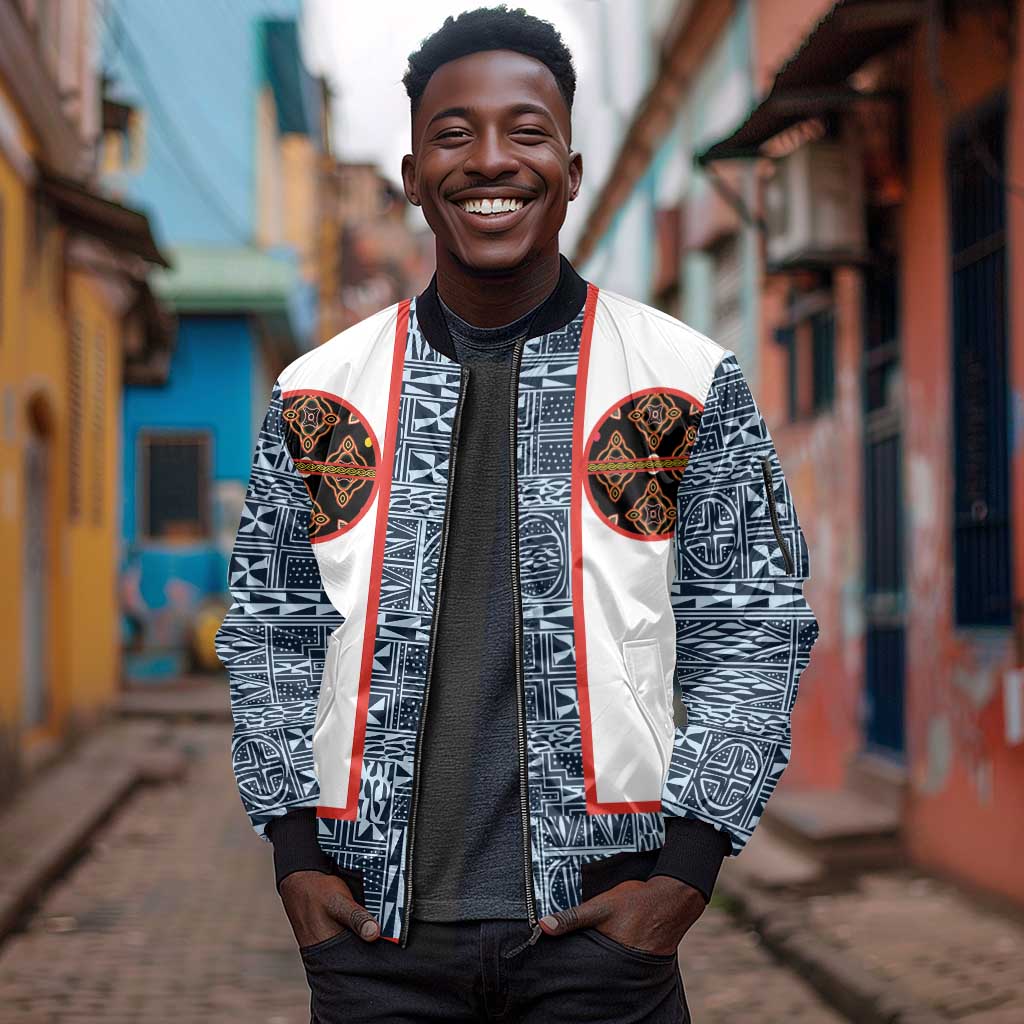 Cameroon Traditional Toghu Pattern Sleeve Zip Bomber Jacket African Tribal Ndop Geometric Design
