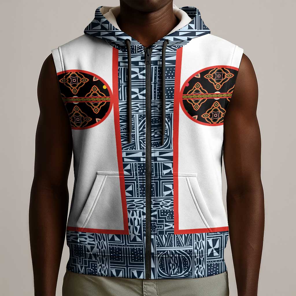 Cameroon Traditional Toghu Pattern Sleeveless Zip Hoodie African Tribal Ndop Geometric Design