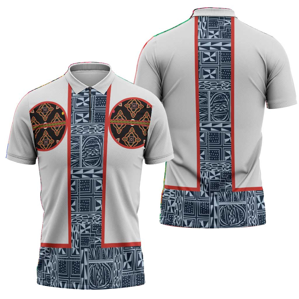 Cameroon Traditional Toghu Pattern Zipper Polo Shirt African Tribal Ndop Geometric Design