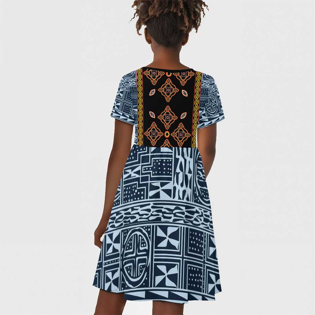 Cameroon Bamileke Toghu Pattern Kid Short Sleeve Dress Bamenda Royal Cultural Design